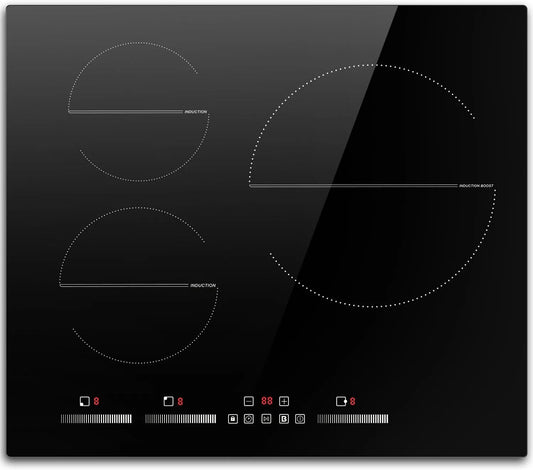 Inductiekookplaat, 6500 W, 60 cm, 28 cm, timer, DELITEER 3 platen, kookplaat vrijstaand inbouw 60 cm, onafhankelijke bediening, geen stekker